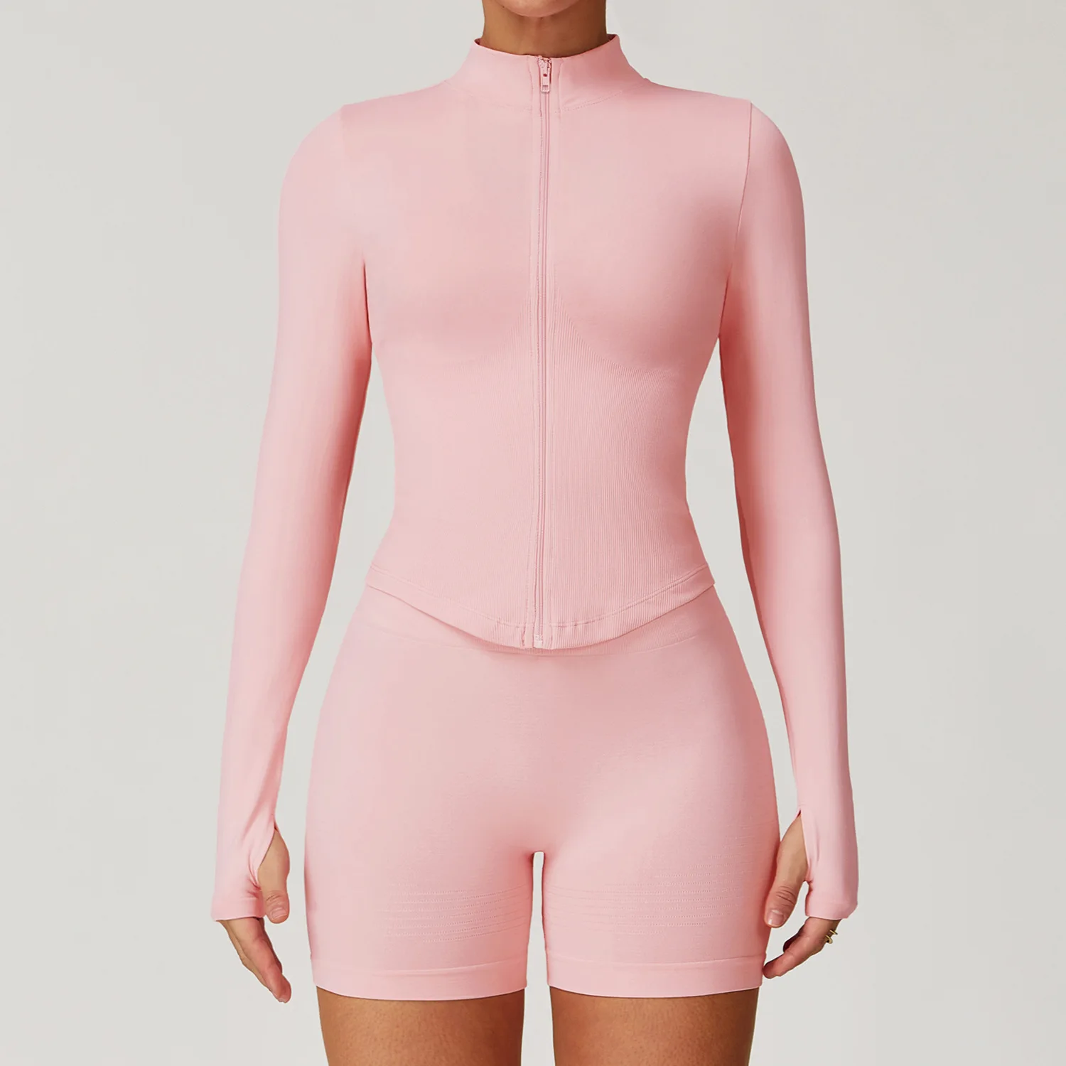 Ribbed Yoga Tops Women's Yoga Long Sleeved Standing Collar Sports Jacket Running Training Fitness Top Gym Workout Running Shirt