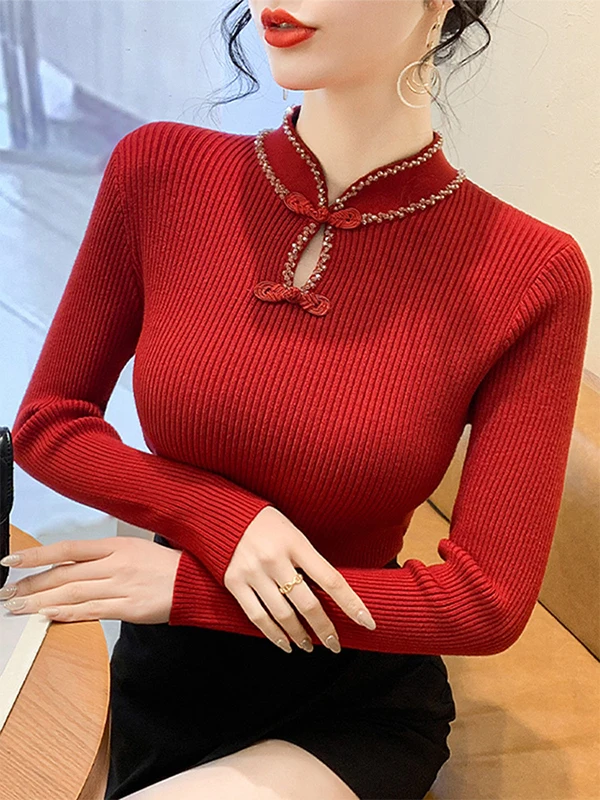 

Красный вязаный базовый свитер для женщин: осенне-зимняя модная внутренняя одежда, топ премиум-класса в китайском стиле, новинка