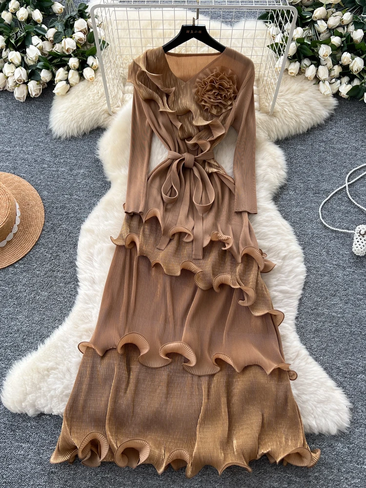 Retro Floral Print Maxi Dress Women's Autumn Fashion Tie Waist Gored Skirt Long Skirts Elegant Ladylike Style A-Line Silhouette
