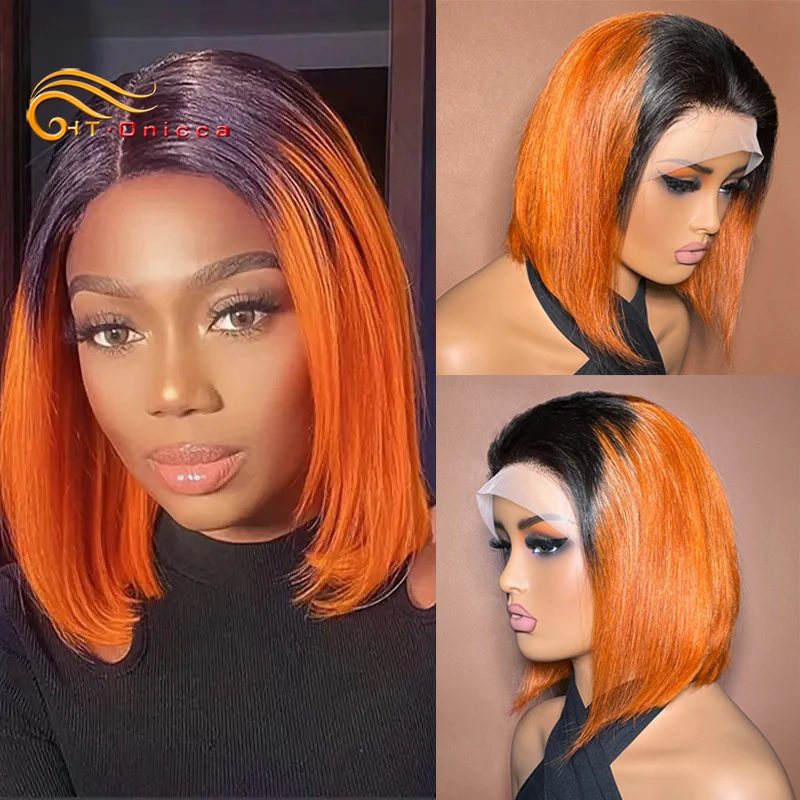 

1B/350 Orange Straight Short Bob Wig Human Hair 13X4 Lace Frontal Wigs For Women 180% Density Lace Front Bob Wig Pre Plucked
