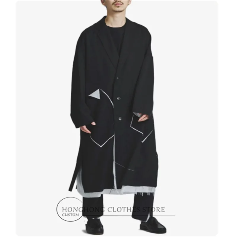 

【Customized men's clothing 】 New Design - Black Deconstructed White Fringe Pattern Men's Loose Asymmetric Coat