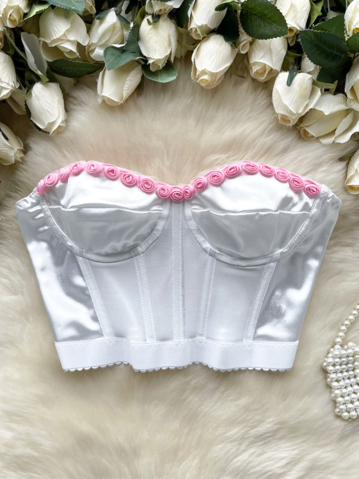 

Foamlina American Sweet and Spicy Tube Top Women's Summer New Three-dimensional Flower Fish Bone Waist Thin Corset Bustier Bra