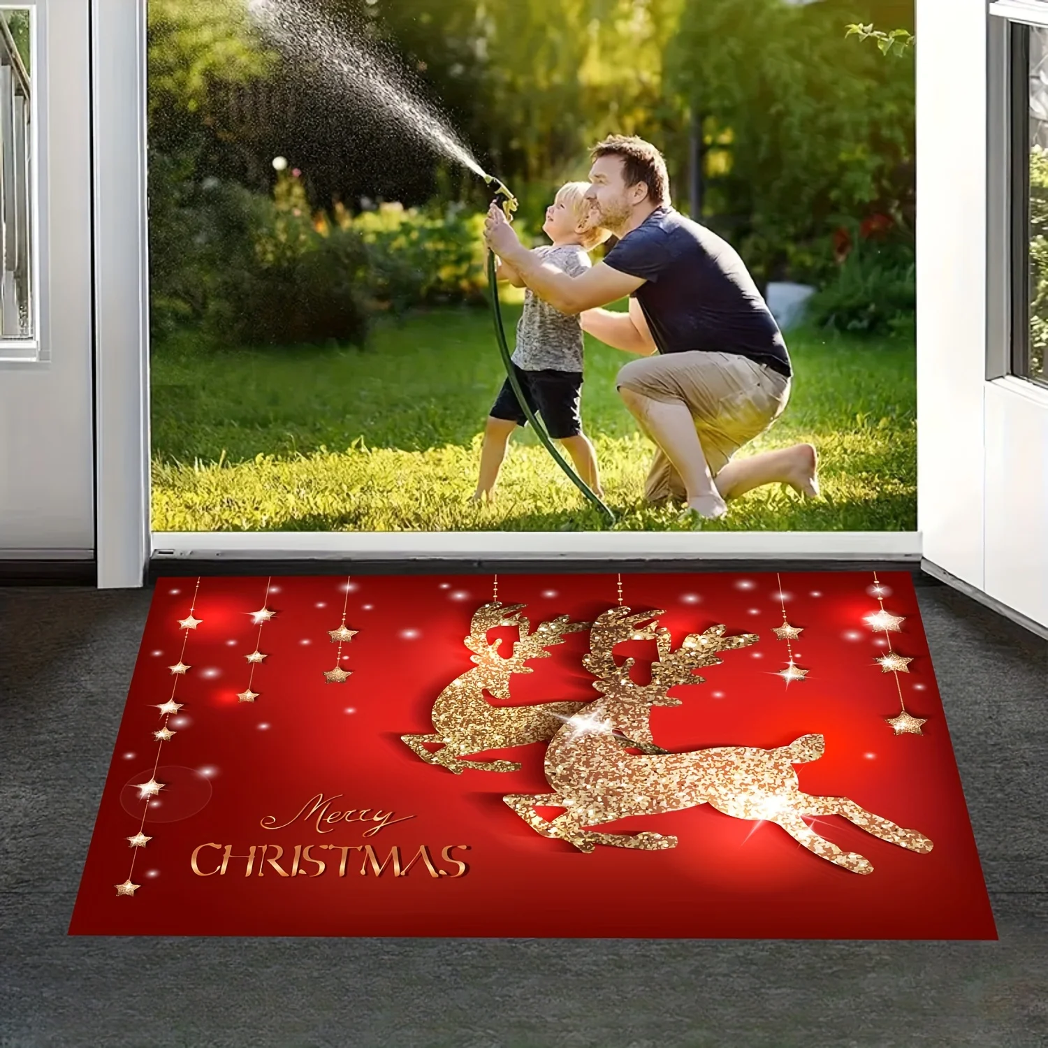 Festive Christmas Doormat Holiday Welcome Mat Red Reindeer Glitter Entryway Decor Seasonal Xmas Door Mat for Home Accent