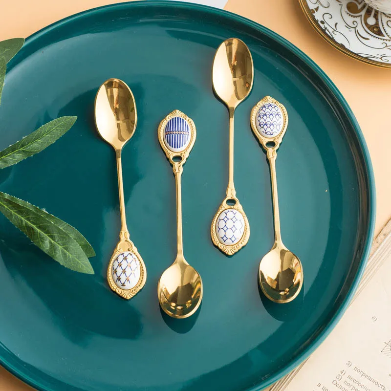 Stainless Steel Spoons Set with Inlay Ceramic Handle, Coffee Scoop, Vintage Gold Plating Dessert Spoon, High Grade Cake Scoop