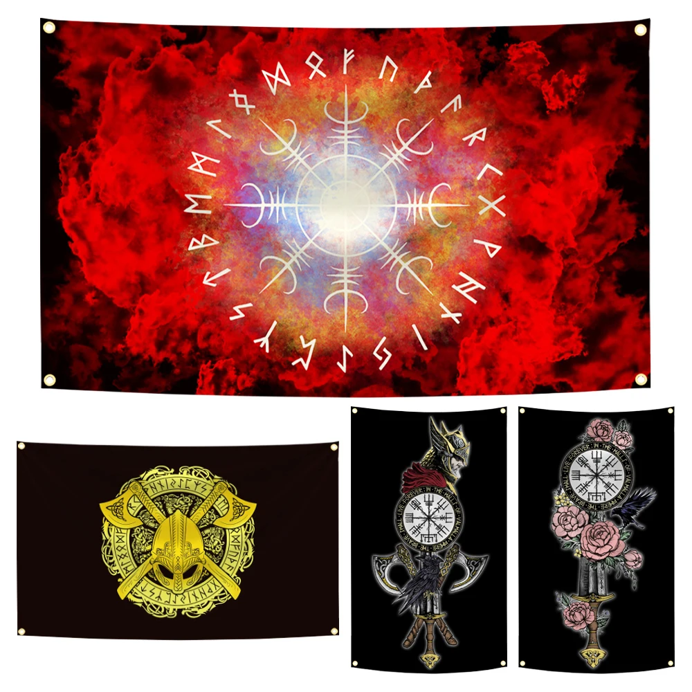 Drapeau Viking du marteau de Thor, boussole viking runique, mythologie nordique, tatouage Valhalla, bannière scandinave, tapisserie décorative, 90x150cm