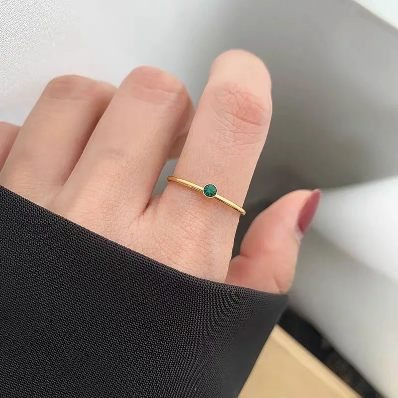 2023 Vintage Green Stone Ring for Women Gold Plated Stainless Steel Thin Finger Band Engagement Promise Jewelry Waterproof