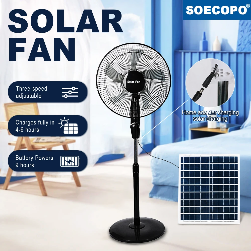 SOECOPO Solar Rechargeable Pedestal Fan 18000mAh Battery 12W Panel 3-Speed with AC Adapter Charging for Home Camping