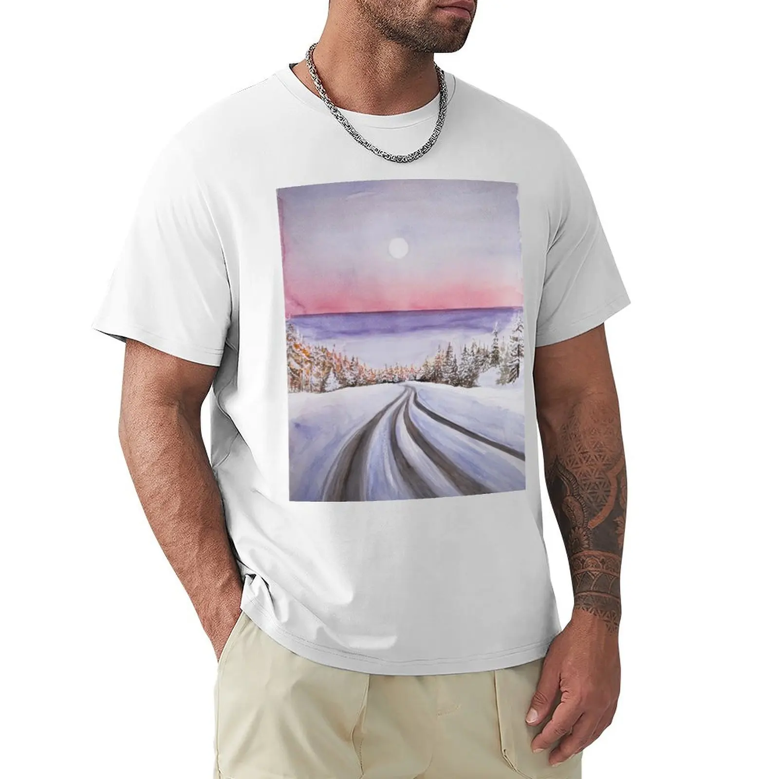 Camiseta por encima de la carretera para hombre, ropa bonita, paisaje de invierno, Amanecer, nueva edición