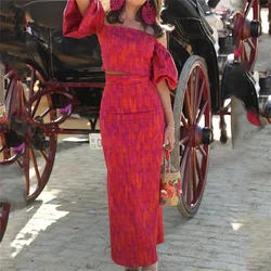 Fashion Printed Tie Dye Crop Tops Long Skirts Suit Women 2024 Summer Puff Short Sleeve Off Shoulder Top High Waist Skirt Set