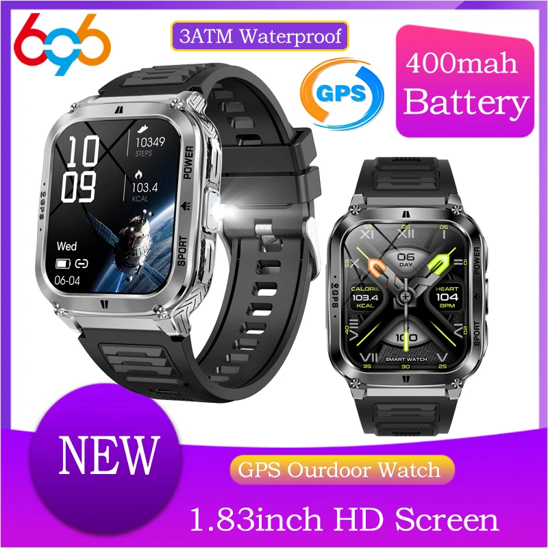 

Часы на открытом воздухе, GPS, спортивные, фитнес-умные часы, 3 атм, водонепроницаемые, 1,83 дюйма, светодиодный фонарик с синим зубом, умные часы с пульсометром и здоровьем