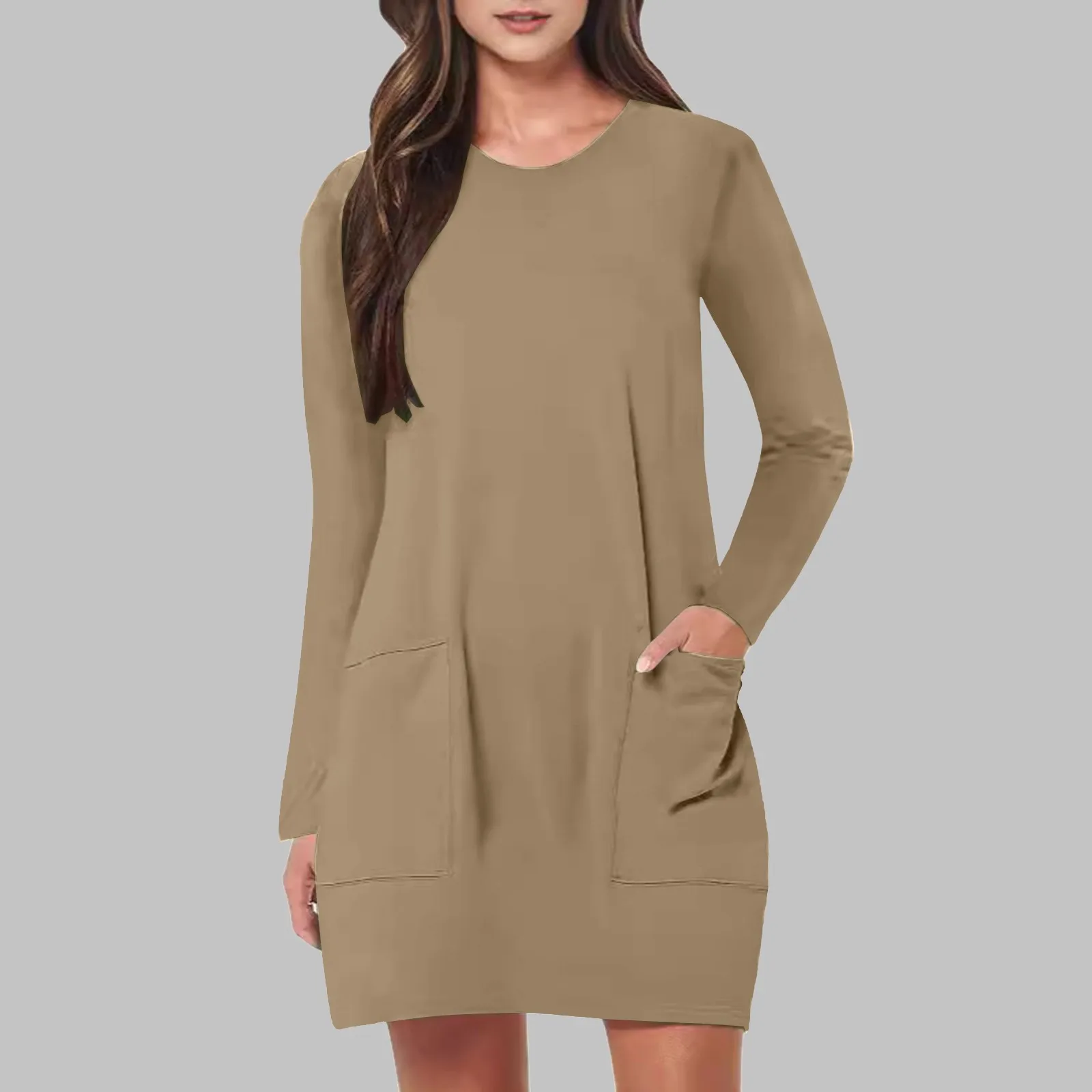 Womens Long Sleeve T Shirt Dress Loose Casual Fall Crew Neck Tunic Dresses With Pocket Streetwear Plus Size Long Sleeve Dresses