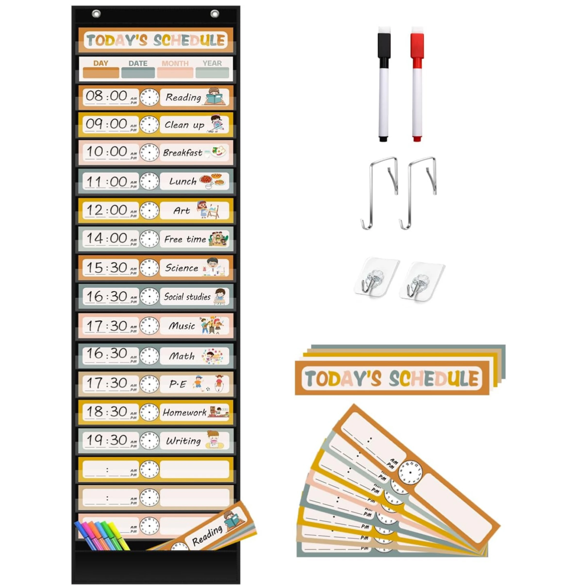 مخطط جيب للجدول اليومي شديد التحمل، 18 جيبًا و30 بطاقة لتنظيم الفصول الدراسية، موارد المعلم للمنزل في مرحلة ما قبل المدرسة