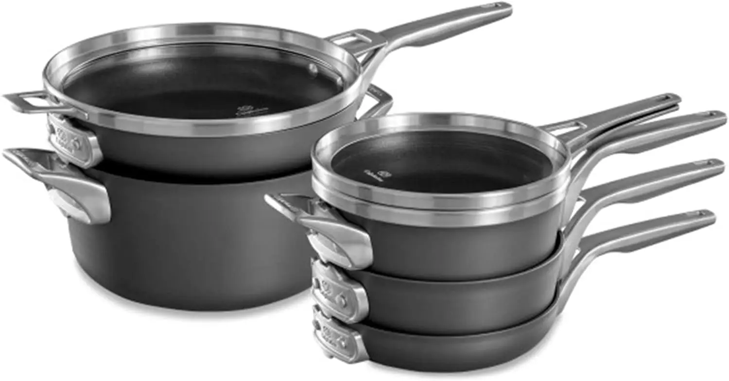 Calphalon Premier Space-Saving Stackable 8 Piece Pot and Pans Set, Hard-Anodized Nonstick Cookware w/MineralShield Technology,