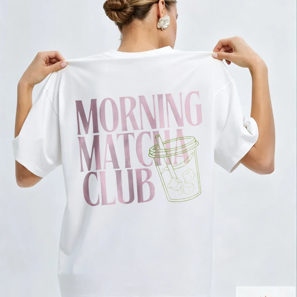 Text Pink Oversized Crew Neck Short Sleeve Relaxed Fit Graphic Morning Matcha Club Drink Cup T-Shirt