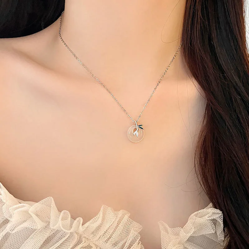 Silver Color Ancient Style Bamboo Leaf Peace Buckle Necklace For Women Clavicle Chain Micro Inlaid Zircon Pendant Neck Chain