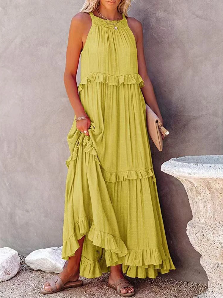 Oversized Solid Long Dress Women Summer Sleeveless Ruffles Hollow Tie-Up Dresses Ladies Elegant Casual Party Beach Maxi Dresses