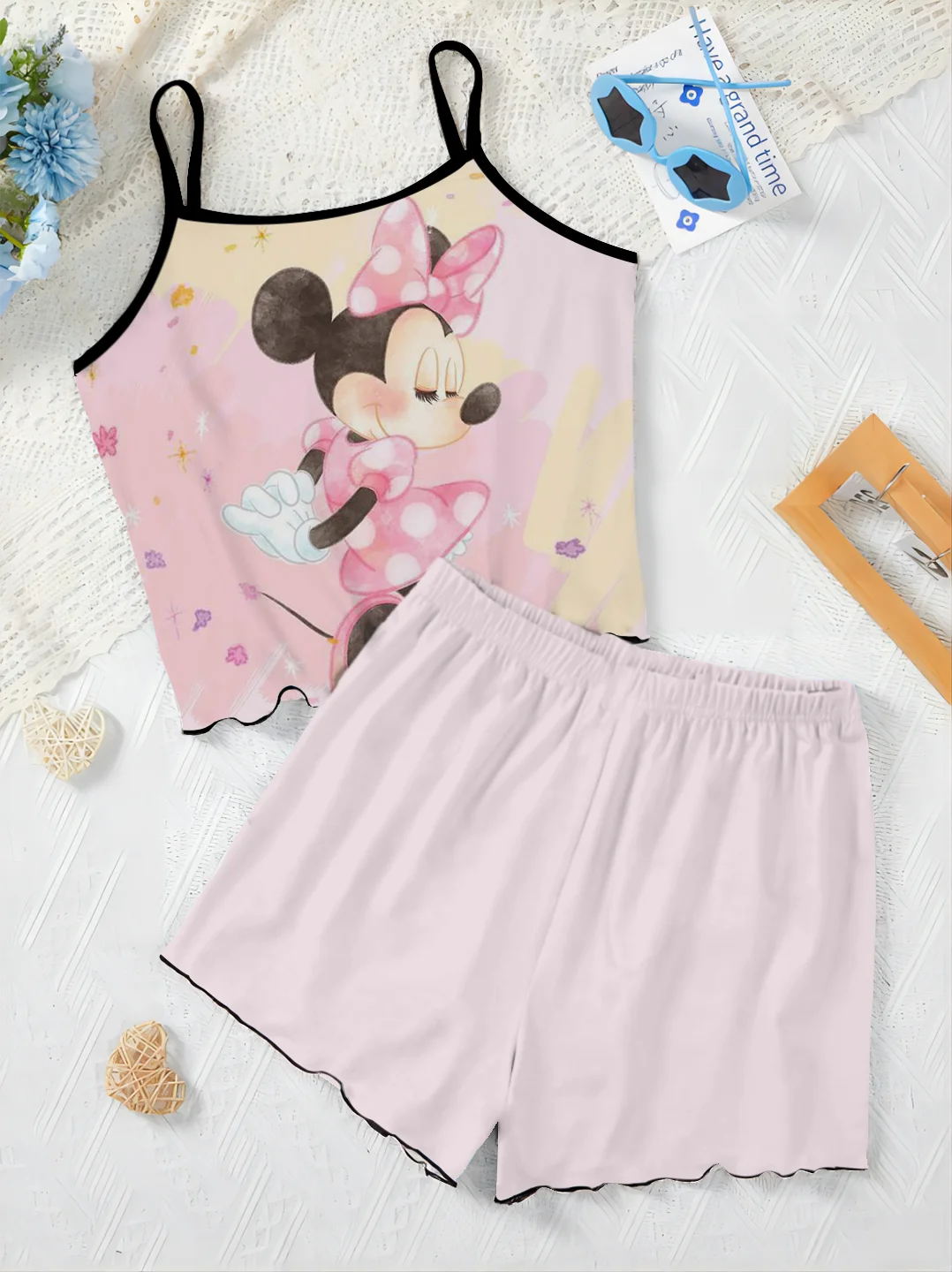 Conjunto elegante de 2 piezas de Disney para mujer, vestido con ribete de lechuga, camiseta de Minnie Mouse, Top de Mickey, falda de pijama, traje corto