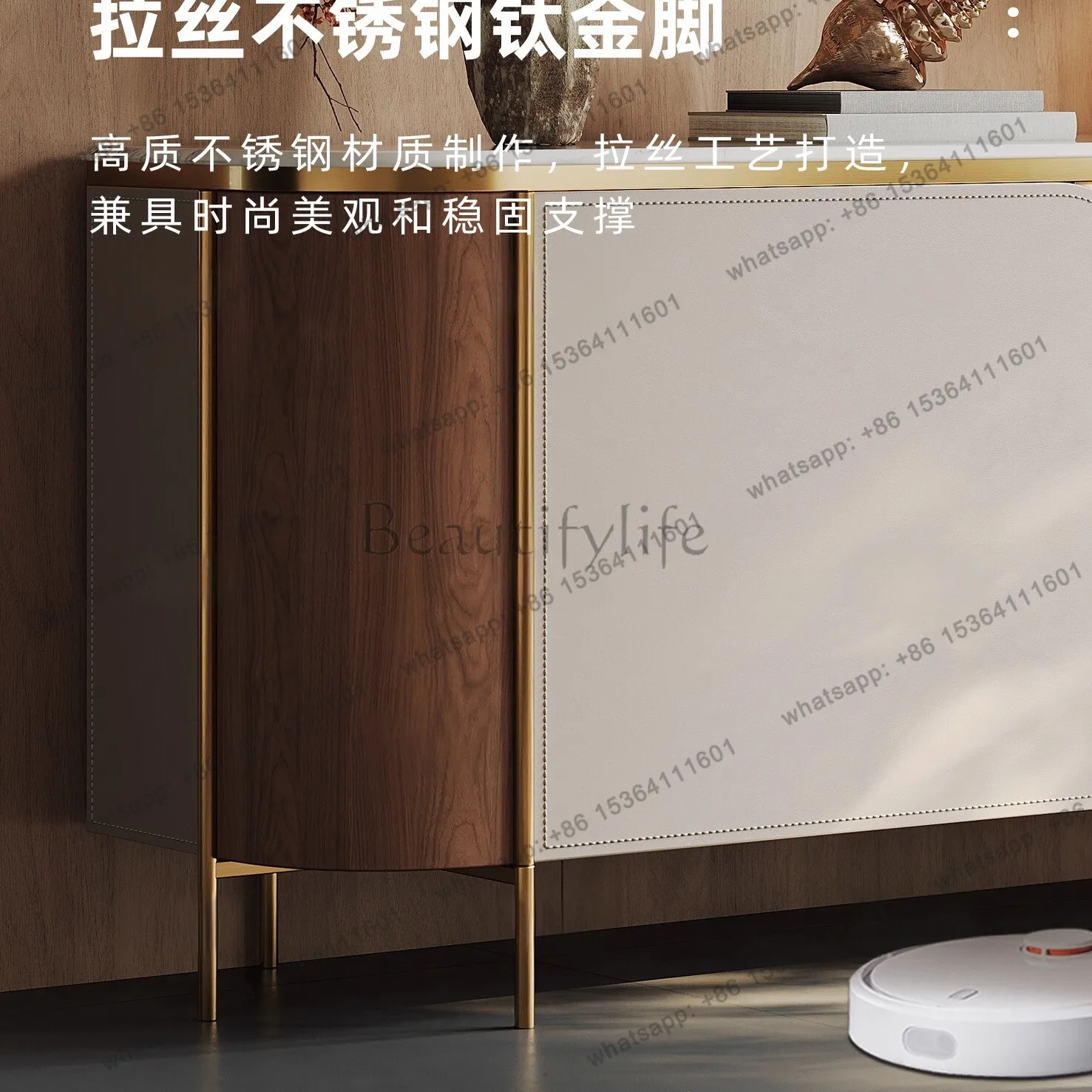 Light luxury solid wood saddle leather dining side cabinet rock slab countertop home entrance cabinet
