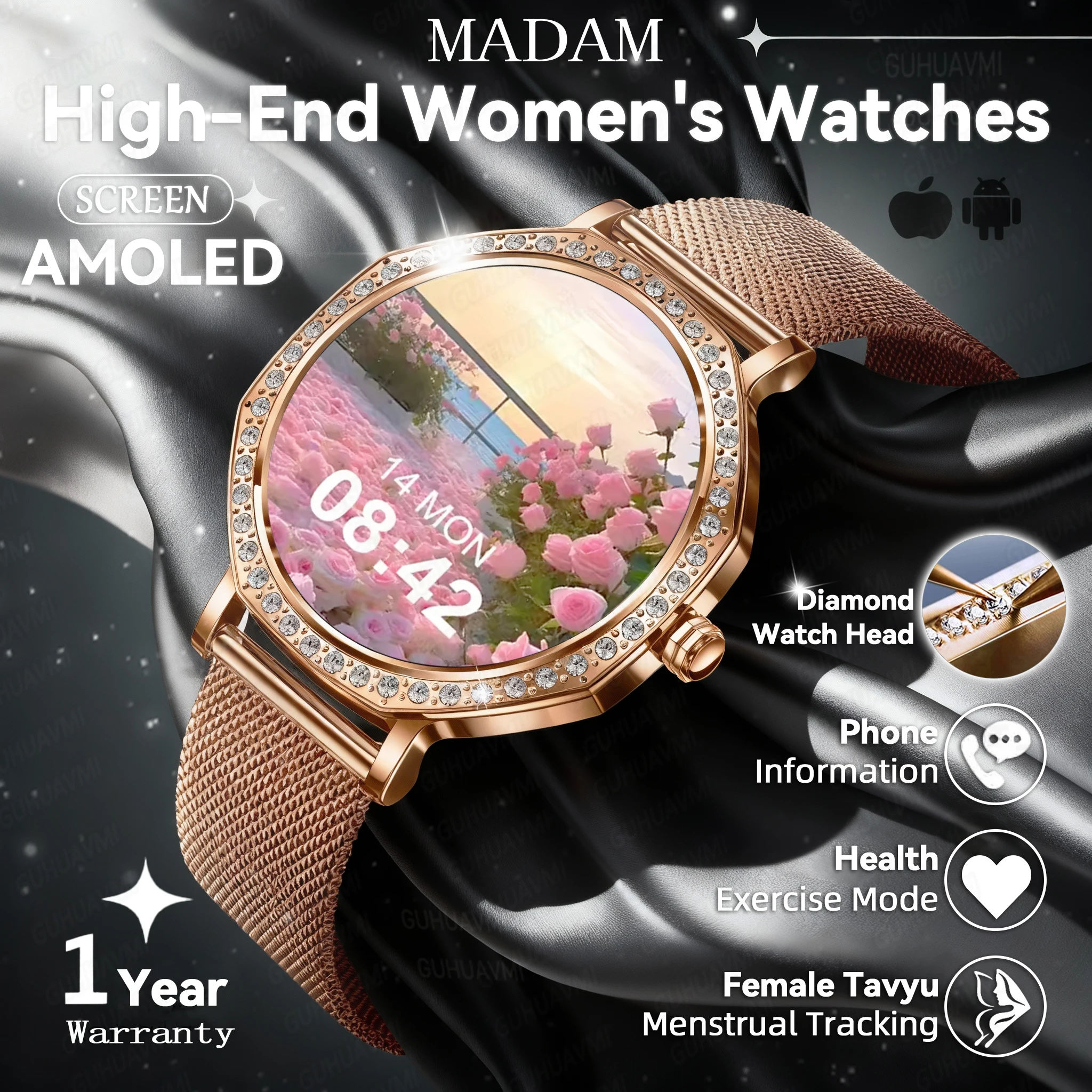 

2025 New Women Smart Watch HD AMOLED Screen GPS trackr IP68 Heart Rate Bluetooth Call Sports Smartwatch High-end Fashion Diamond