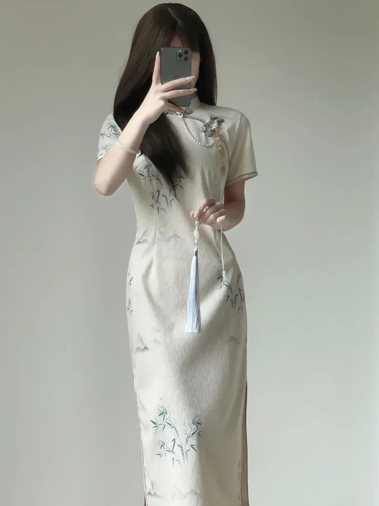 

Традиционное китайское женское китайское платье Cheongsam, элегантное классическое сексуальное тонкое платье Ципао с разрезом, летние платья с короткими рукавами