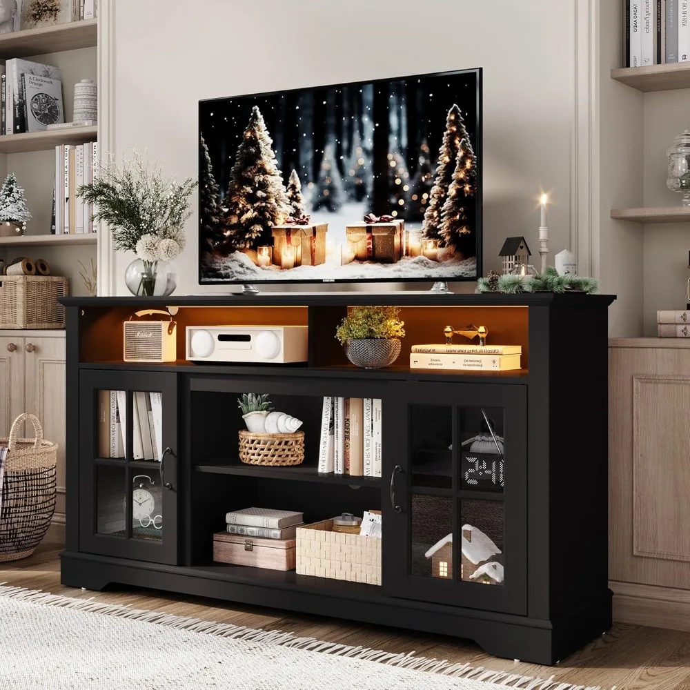 Modern Farmhouse Style 65 Inch TV Stand, 32 Inch Tall Entertainment Center with LED Lights and Glass Door Cabinet