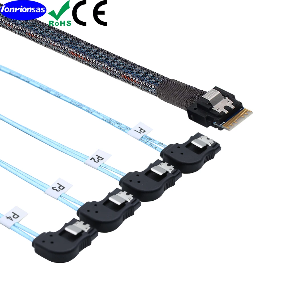 PCI-E Ultraport Slimline SAS 4.0 38pin SFF-8654 4i ke 4X SATA 7P kabel sudut kiri wanita