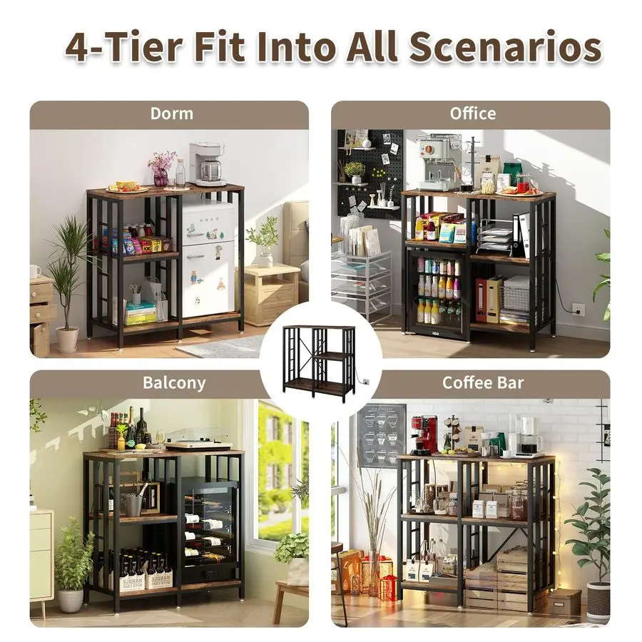 Kitchen Bakers Rack with Power Outlet,4Tier Microwave Stand Kitchen Cart,Mini Fridge Stand with Storage,Bar Cabinet,Suitable for