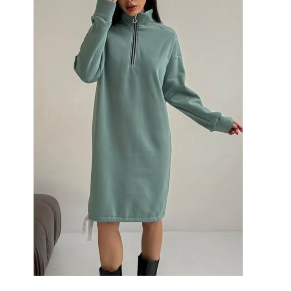 جديد الخريف الشتاء موضة عالية الرقبة قلنسوة بسحاب فستان للنساء عادية الدافئة الصوف سترة سبليت التعادل هوديي فساتين الإناث