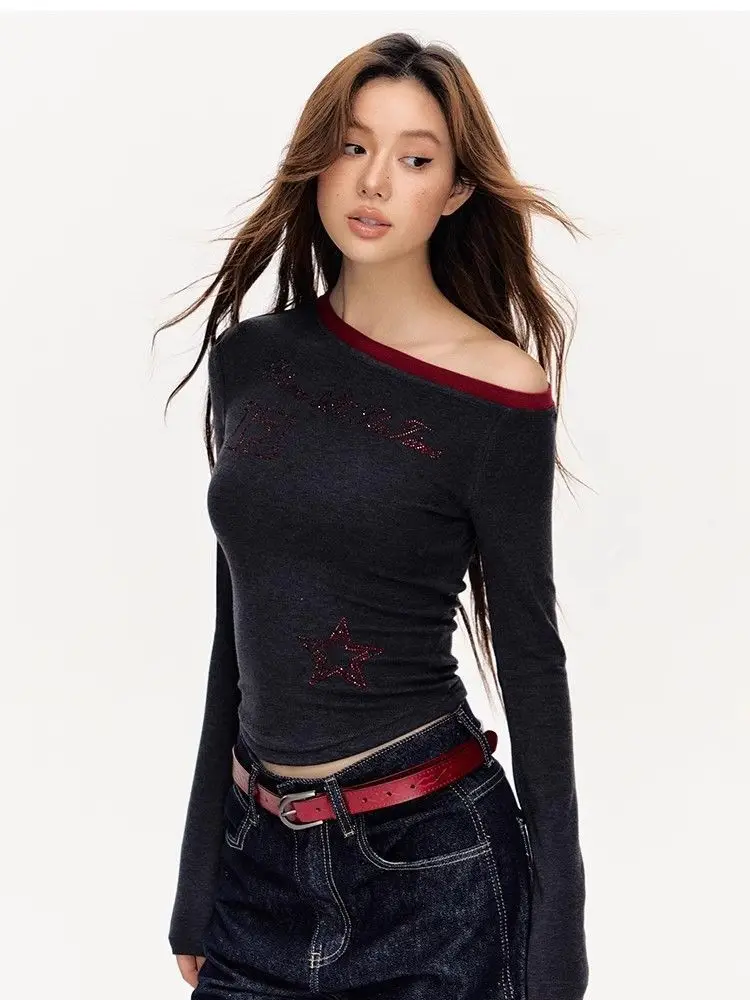 

Vintage Diamonds Off Shoulder Long Sleeve T-shirts Women Autumn Slim Fit Base Crop Top Harajuku Y2k Aesthetic Goth Tees