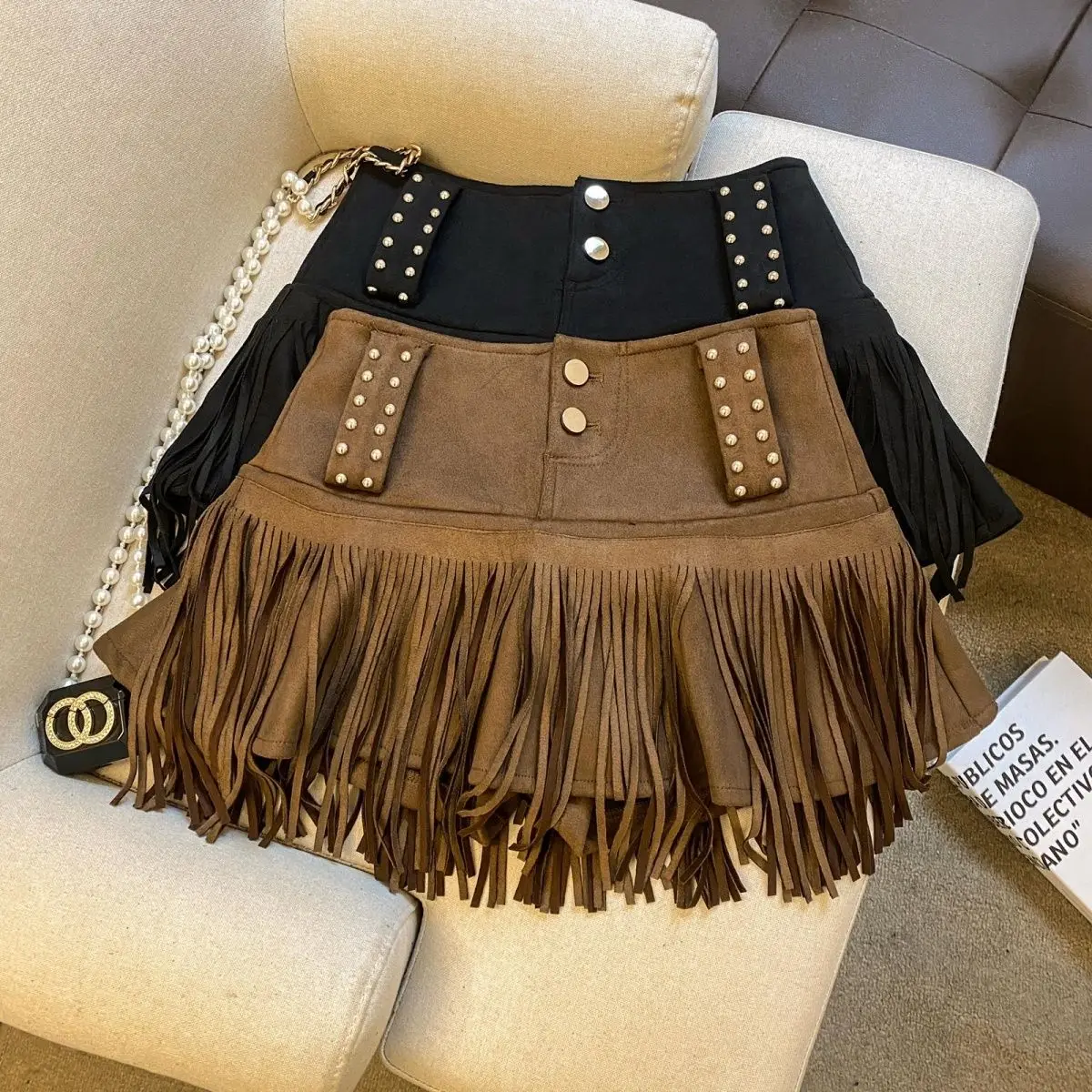 

2025 autumn and winter new American retro chic Spice Girl high waist skirt pleated skirt anti-light skirt