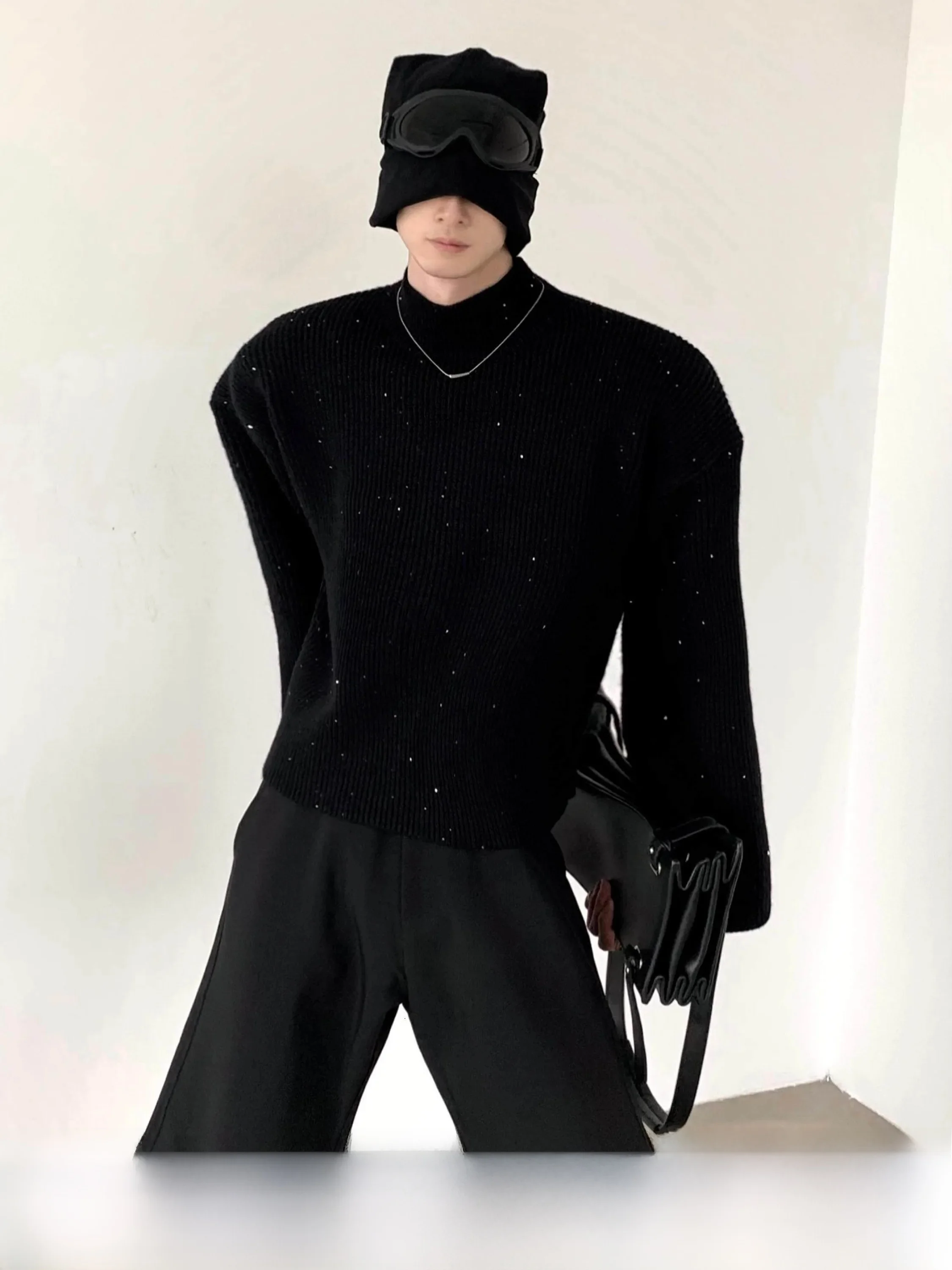 Queshanfeng Men's Short Knitted Sweater Sparkling Sequin Half High Collar Black Sweater Autumn Winter Fashion Design Comforta...