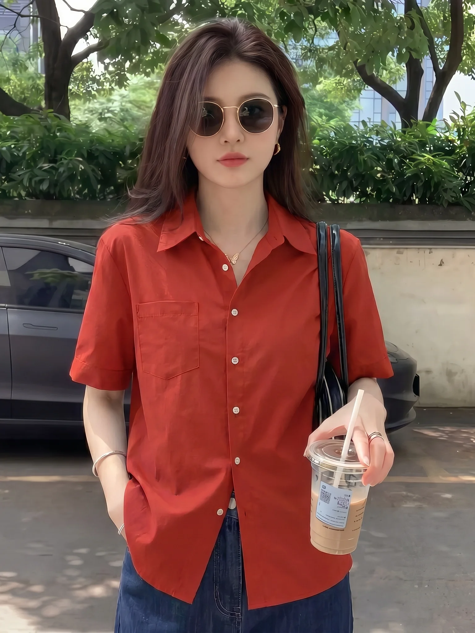 

Red Short Sleeve Shirt Jacket Women's plus Size Summer New Style Slimming Streetwear Korean Version Commute Style Casual Shirt