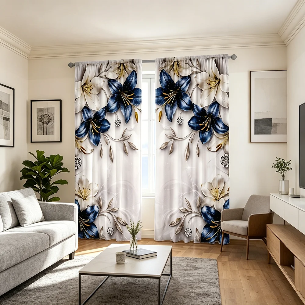 2PCS Digital Printed Curtains, Blue Diamond Lily Luxury Elegant Floral, Rod Pocket Window Drapes for Living Room Bedroom Decor