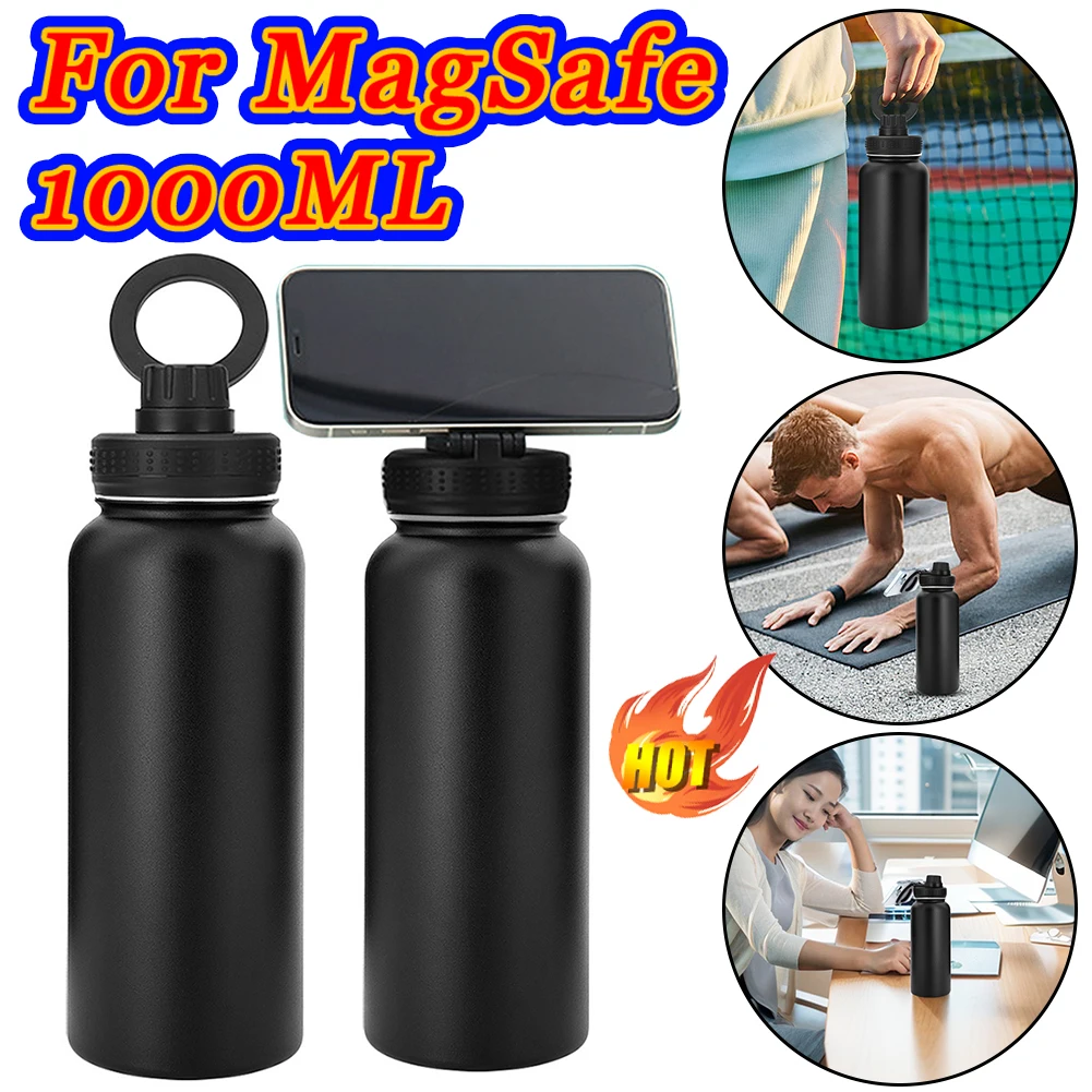 For MagSafe 1000ML Insulated Bottle Water Bottle with Rotating Phone Holder Thermal Water Cup Thermal Mug for Outdoor Sports