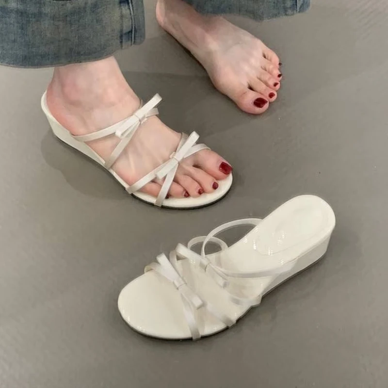 Wedges Sandal Hak Sedang Sepatu Wanita Macan Tutul Elegan Pita 2025 Sandal Musim Panas Mode Gaun Pump Sandal Jepit Sandalias De Mujer