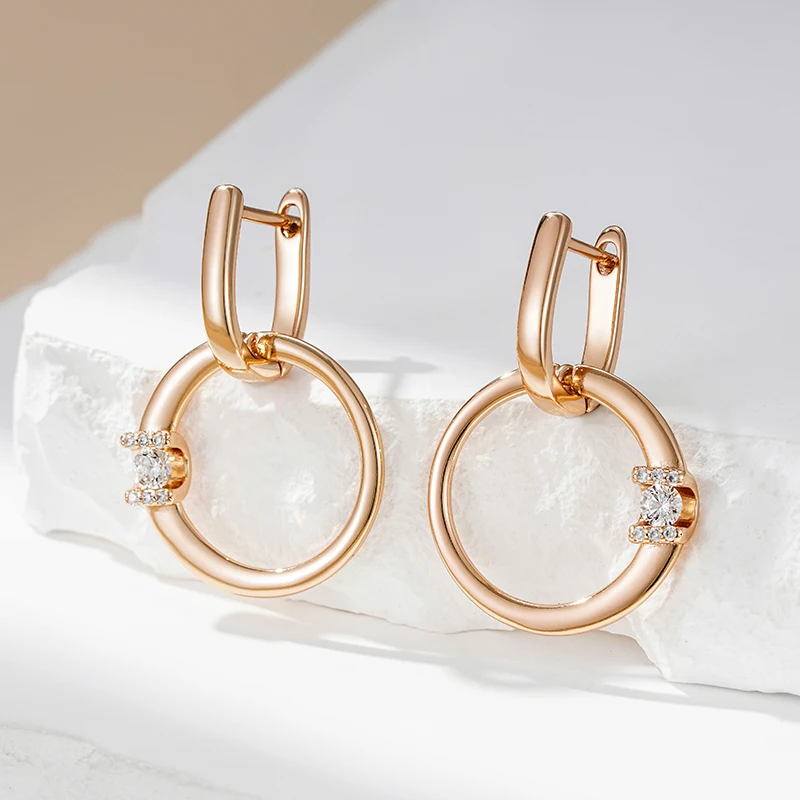 Kinel Fashion 585 Rose Gold Color Glossy Hollow Round Drop Earring for Women Unusual Shiny Natural Zircon Daily Fine Jewelry