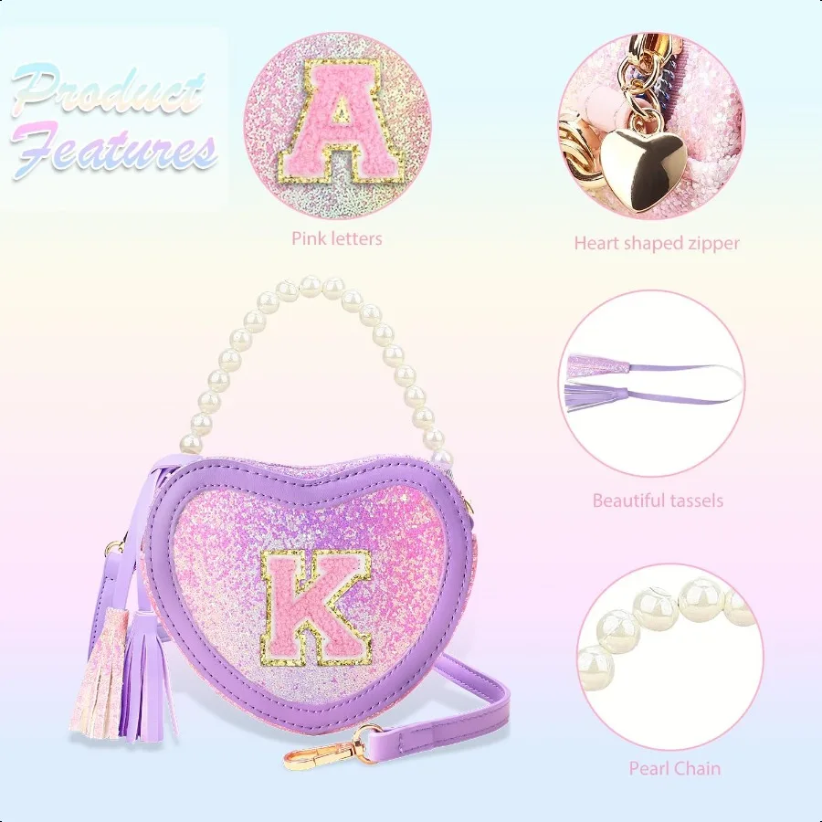 Фиолетовый блестящий кошелек для монет в форме сердца для девочек, сумка через плечо для малышей