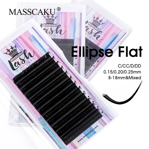 MASSCAKU pestañas postizas de visón sintético elipse extensión de pestañas planas C/D Curl 0,15 0,20 0,25mm 8-18mm y mezcla de puntas dobles divididas maquillaje pestañas postizas