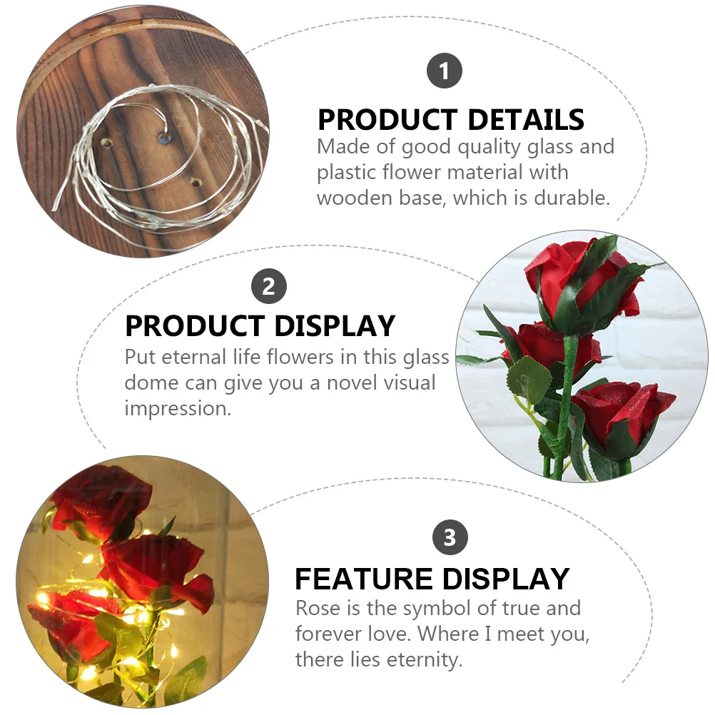 

Red Rose Flower LED Lights Glass Dome Eternal Flower Decor Valentine's Day Gift Not Included Flowers in Glass Dome