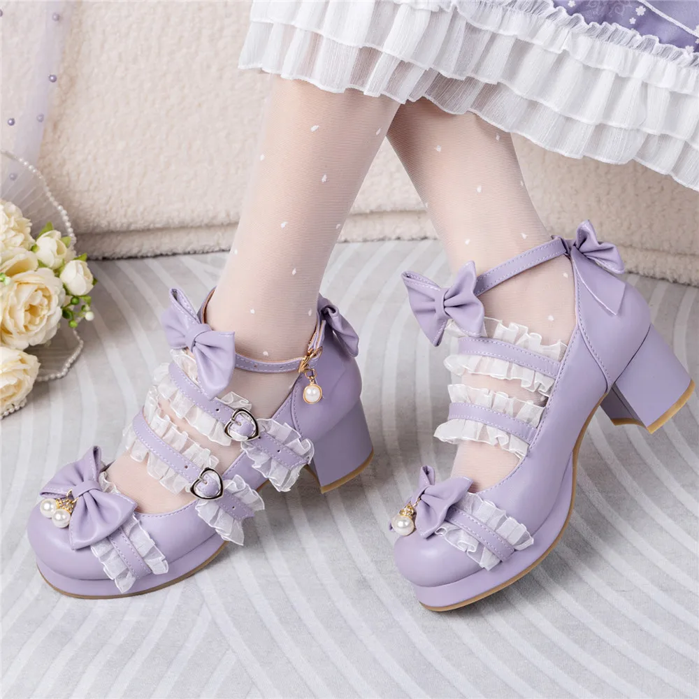 2025 Spring Women High Heels Cross Strap Mary Jane Pumps Party Wedding White Pink Black Ruffles Bow Princess Cosplay Lolita Shoe