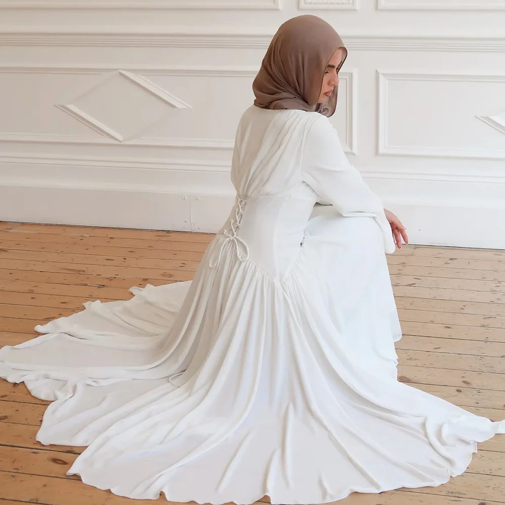 Dubai Muslim Women Maxi Dress Solid Color Waist Cinch Long Sleeve Floor Length Modest Gown For Eid Party Occasions