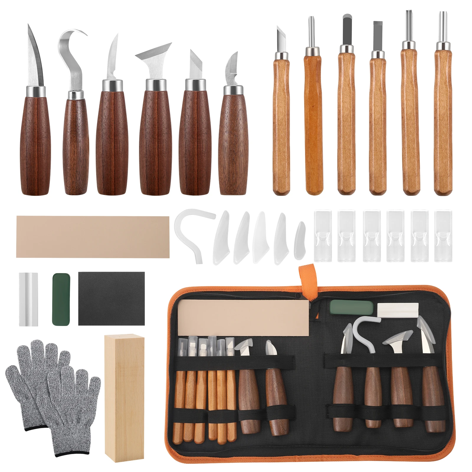 19-teiliges Holzschnitzwerkzeug-Set mit 12 Schnitzmessern für Anfänger/Profis, inklusive schnittfester Handschuhe