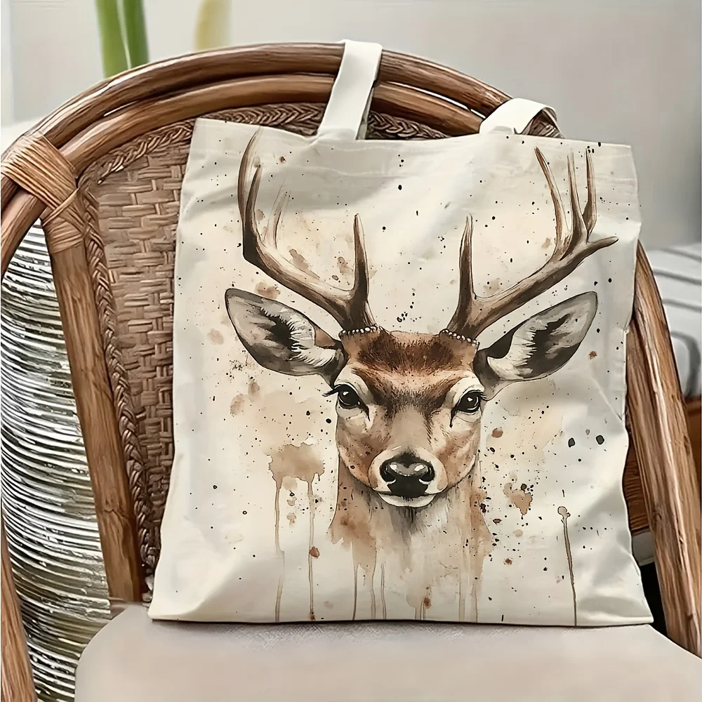 1pc Watercolor Ink Splash Stag Head Printed Tote Bag, Reusable Shopping Bag, Suitable for Daily Use, Shopping, School, Travel