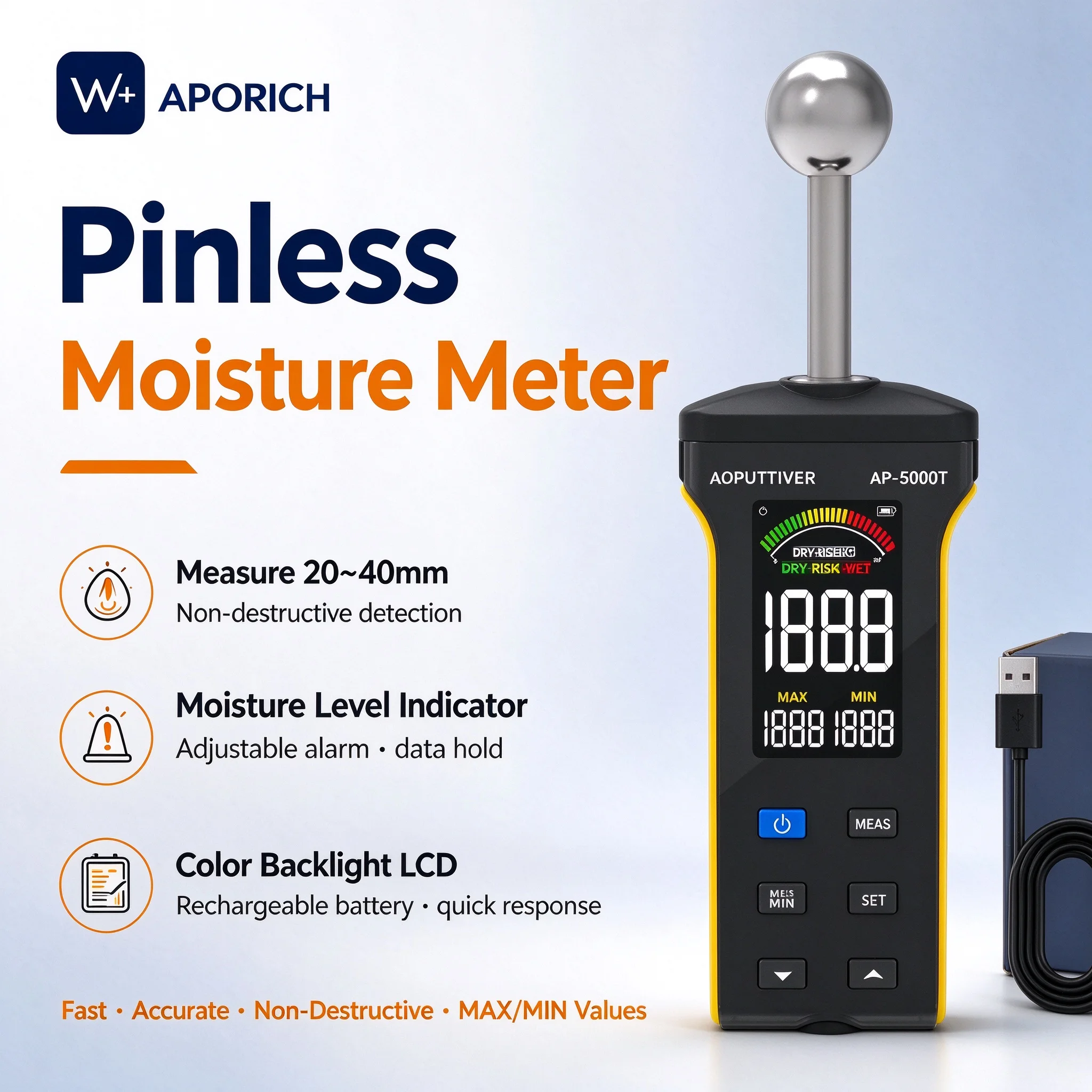 Digital Pinless Moisture Meter with Ball Probe & Color LCD 0~70% RH Range, Alarm Function for Wood/Walls/Concrete/Masonry/Gypsum
