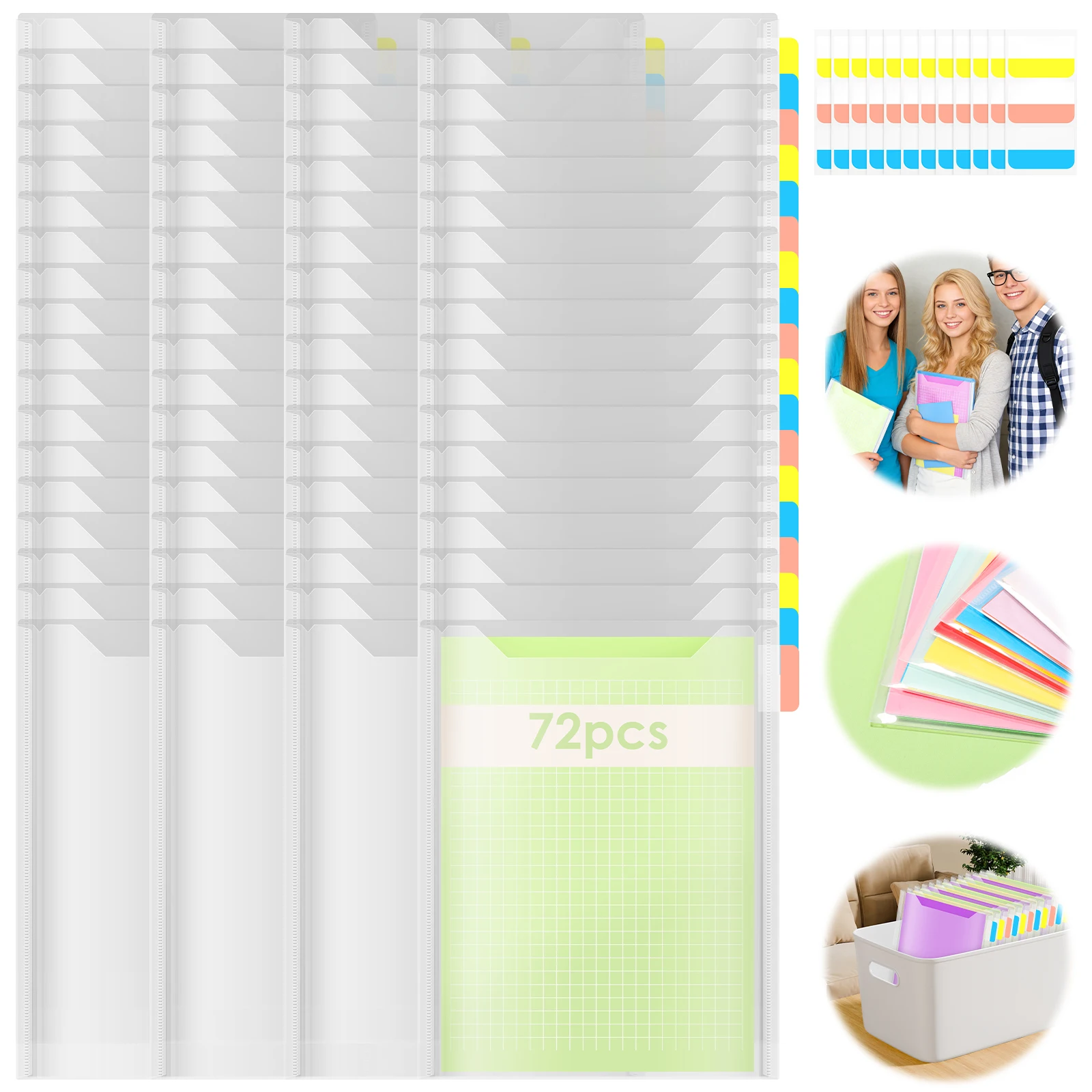 

36/72 Pcs Document Paper Storage Organizers with Tricolor Index Tab Clear Plastic File Cardstock Holder for Office Craft Studio