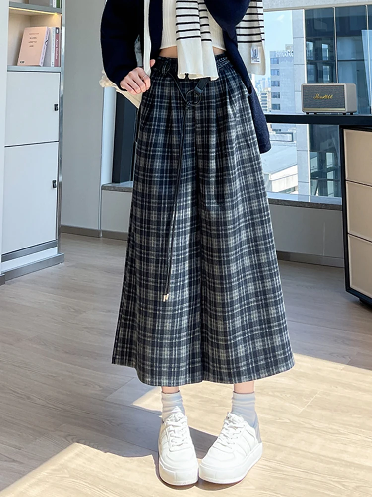 

Женские широкие брюки в клетку с высокой талией, свободные, укороченные, повседневные, осенне-зимние, новые, универсальные, для прогулок