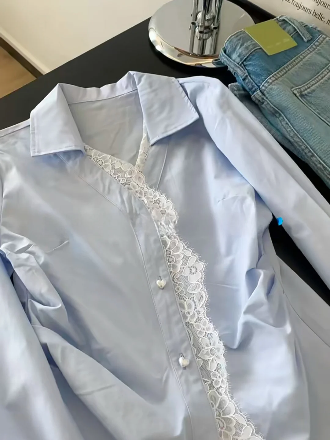 Garniture en dentelle bleue irt Jaet femmes début du printemps taille cintrée longue Sve haut de gamme sensation haut coréen Sle coupe ample bouton De...