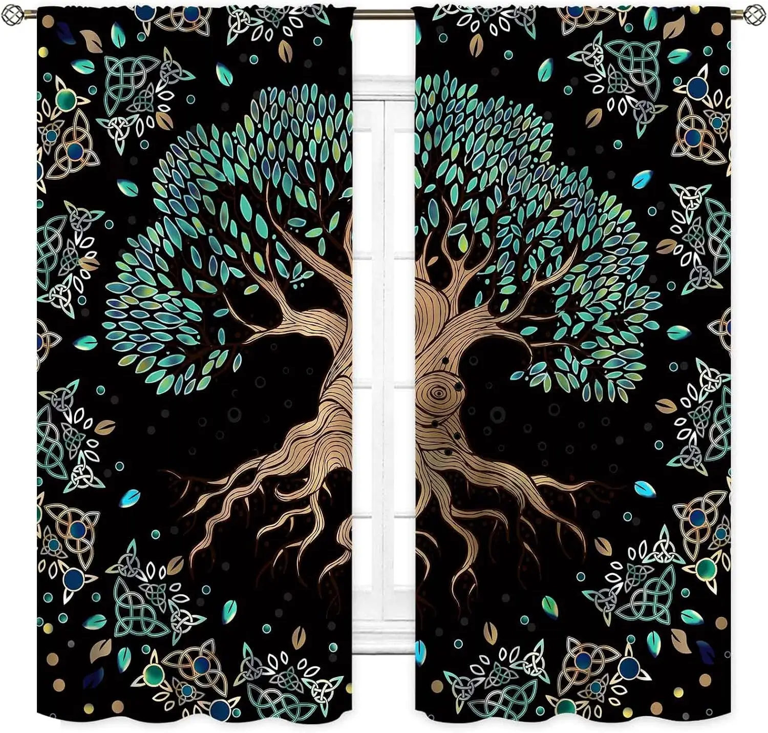 Tree of Life Curtains, Hippie Green Leaves Tree Life Vikings Celtic Nordic Aesthetic Mythology Window Drapery Treatments Bedroom