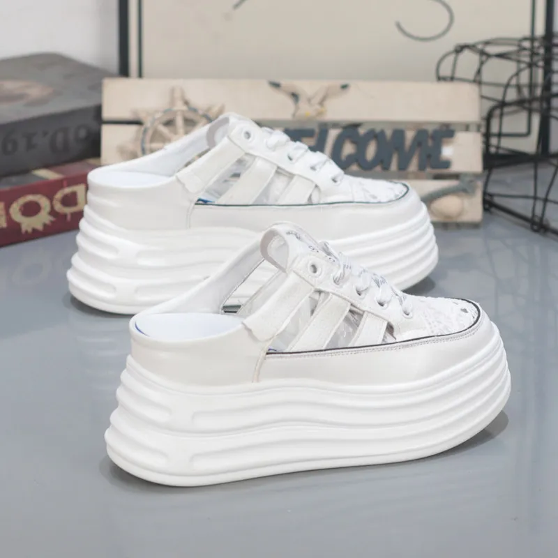 

Women's Summer 8CM Hidden Wedge Sneakers Hollow Breathable Thick Sole Slip On Half Slipper Sandals Outdoor White Casual Shoes