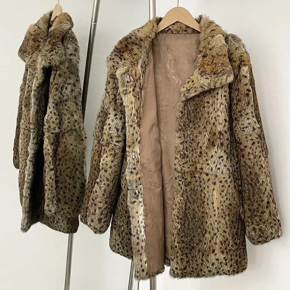 2025 Women Coat New Autumn Winter Leopard Real Rabbbit Jacket Female Warm Medium Length Natural Coat Lady